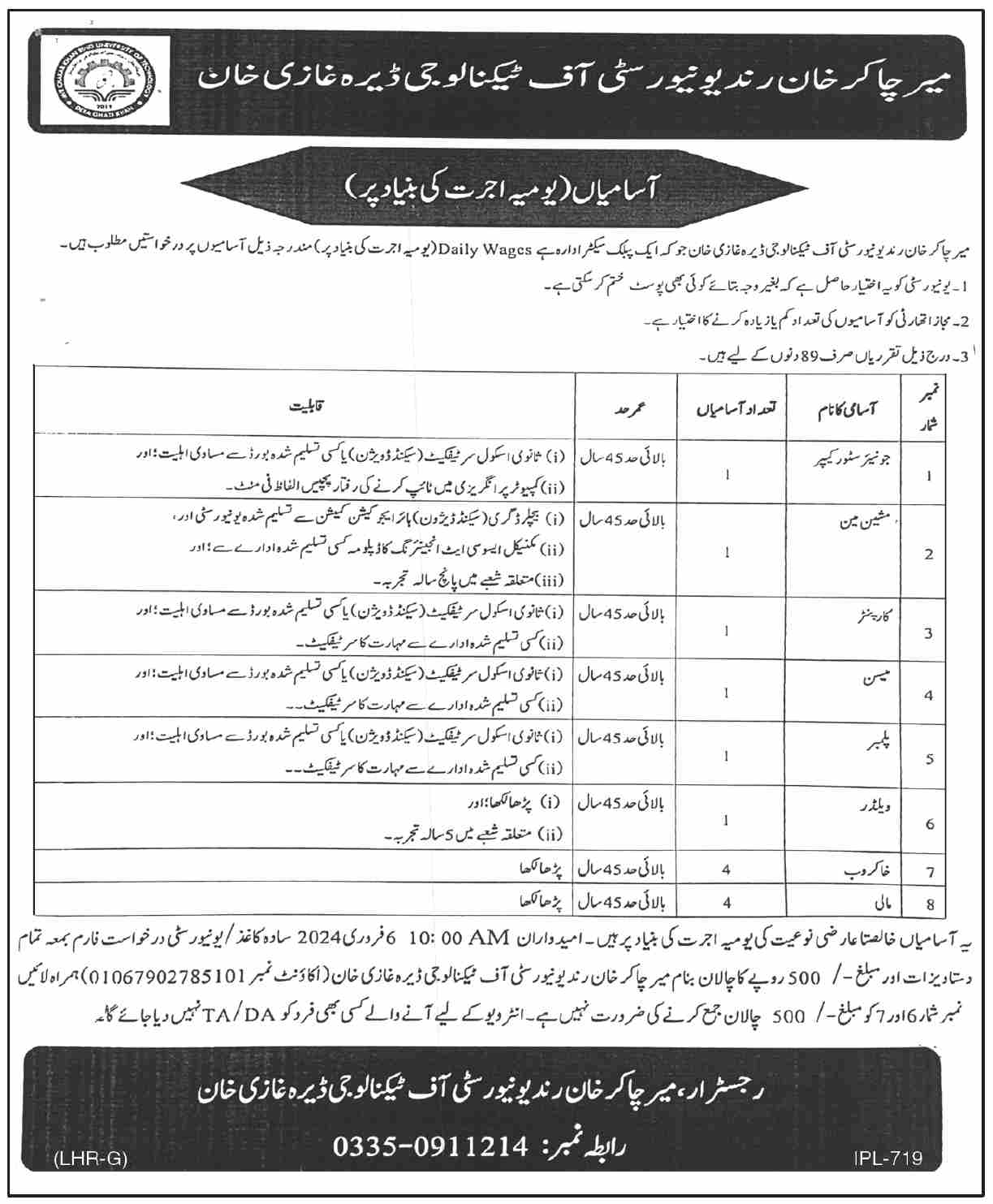 Daily Wages Vacancies 2024 in DG Khan (Mir Chakar Khan Rind University of Technology)