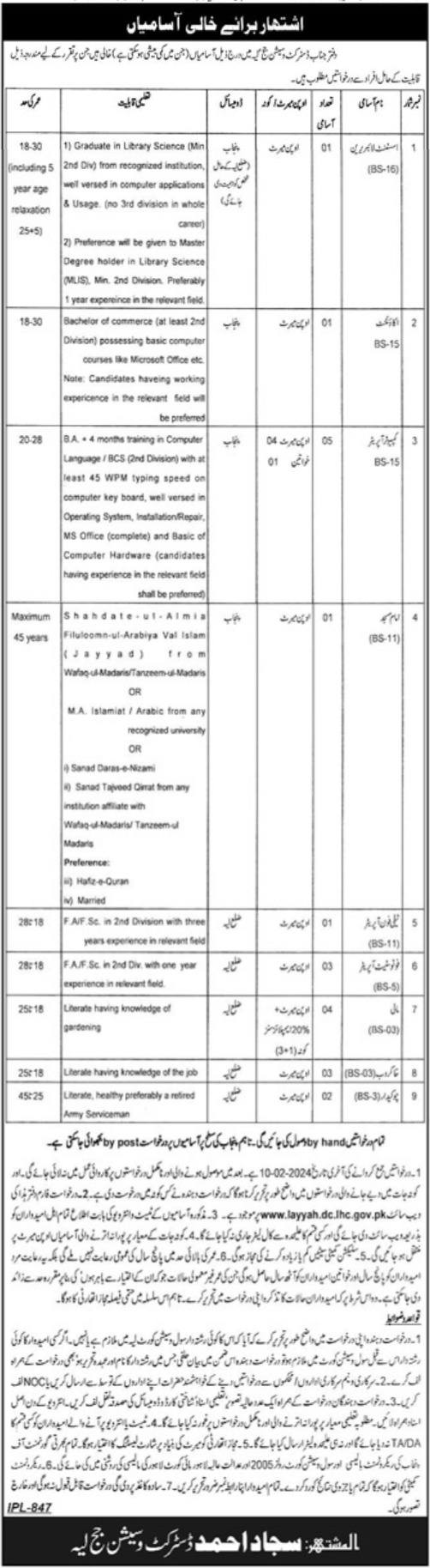 The Latest District and Session Judge Layyah Office Vacancies 2024