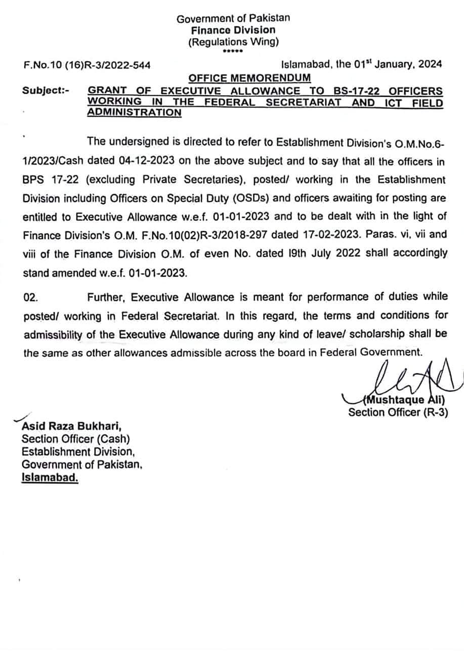 Grant of Executive Allowance (EA 2023) BPS-17 to BPS-22