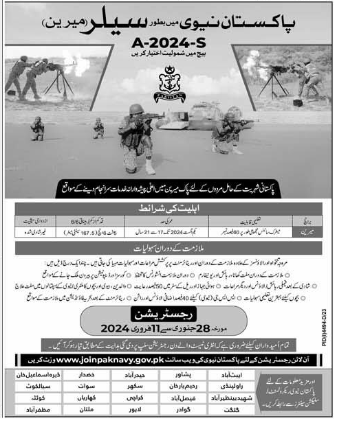 Join Pakistan Navy 2024 As a Sailor Marine (a-2024-S)