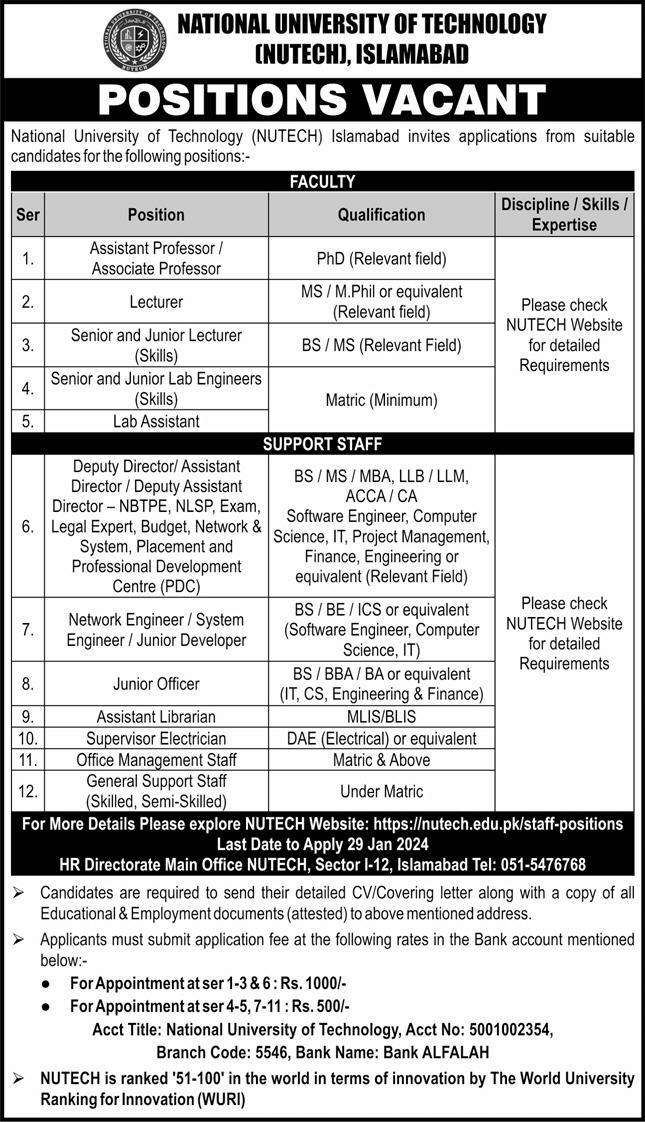 NUTECH Teaching and Supporting Staff Vacancies 2024