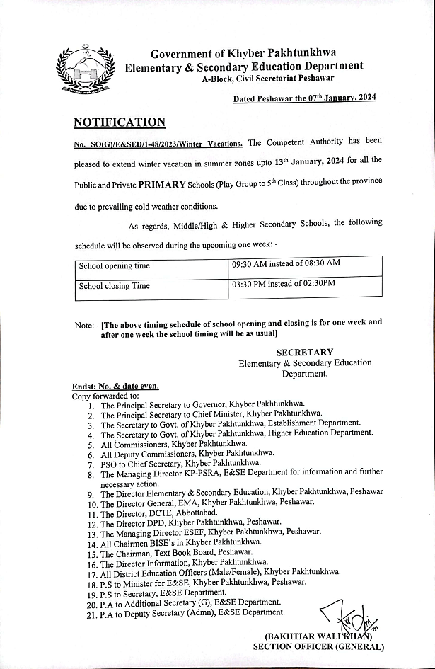 Notification Extension Winter Vacation 2024 till 13-01-2024 KP (Primary)