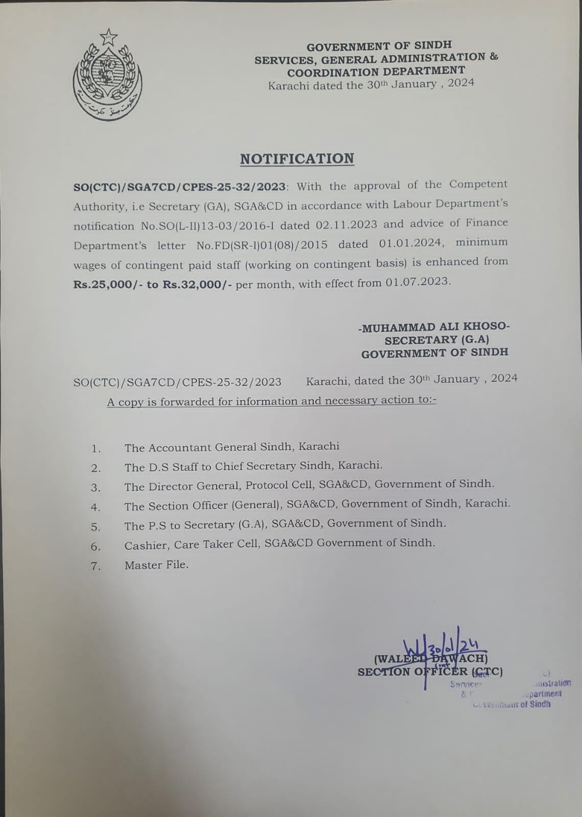 Notification Increase Minimum Wages Rates Contingent Paid Staff (Sindh)