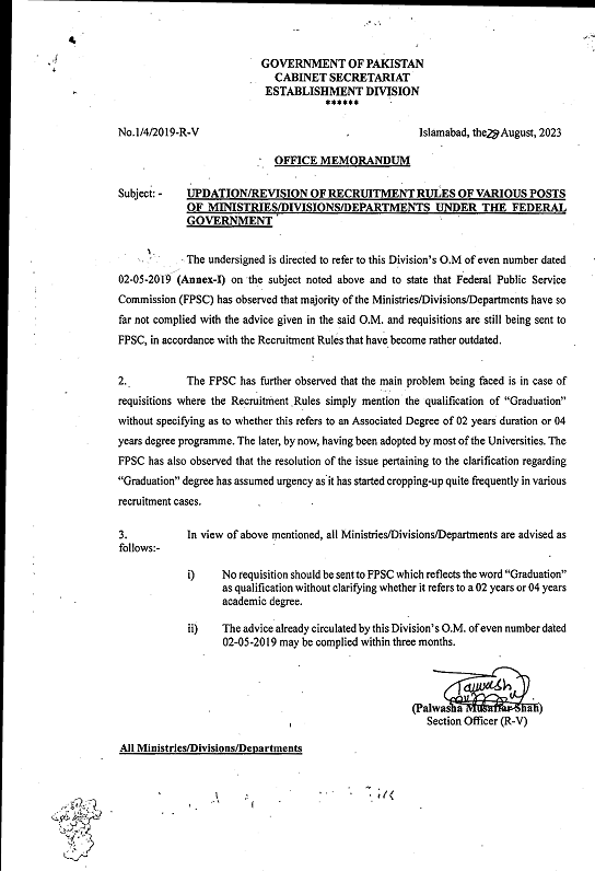 Notification Revision Recruitment Rules Various Federal Posts