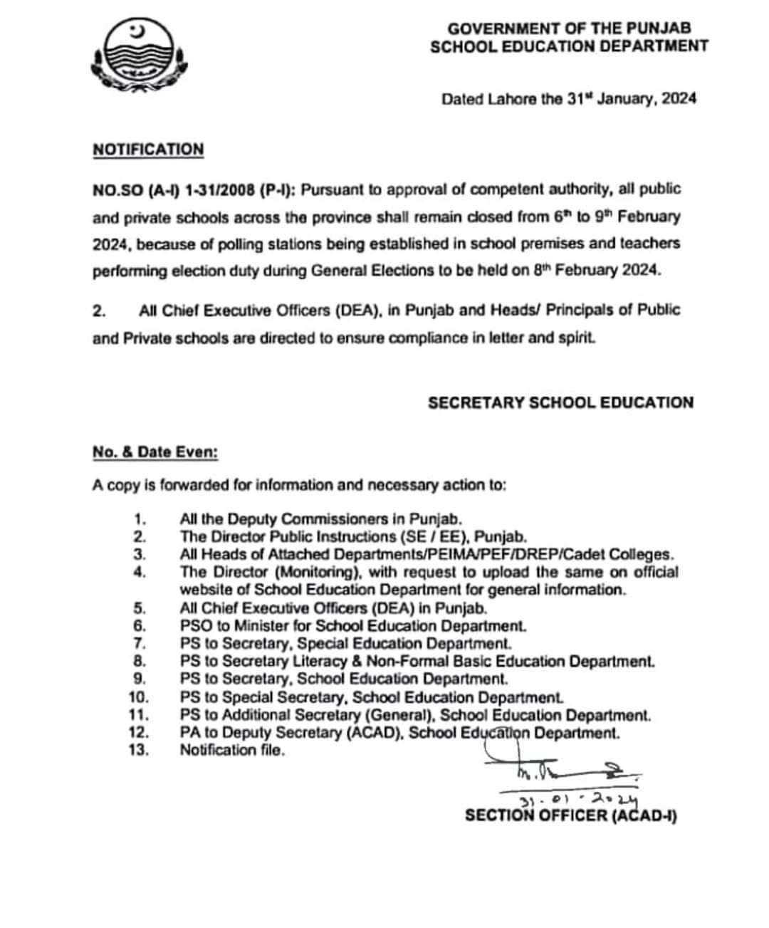 Election Holidays 2024 (Punjab) wef 6th to 9th Feb 2024 • Galaxy World