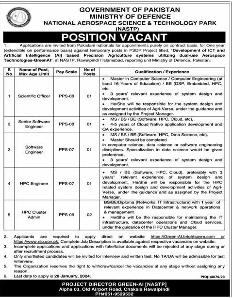 Project Based Vacancies in Ministry of Defence (NASTP) 2024