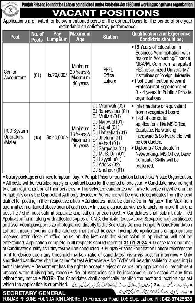 Punjab Prisons Foundation Vacancies 2024