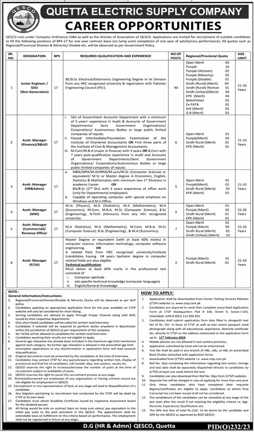 Quetta Electric Supply Company (QESCO) Vacancies 2024