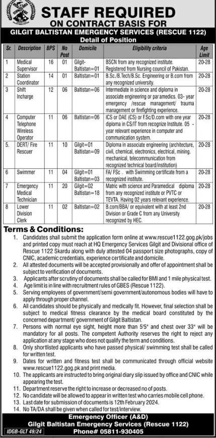 Rescue 1122 Vacancies 2023 in Gilgit-Baltistan Emergency Services