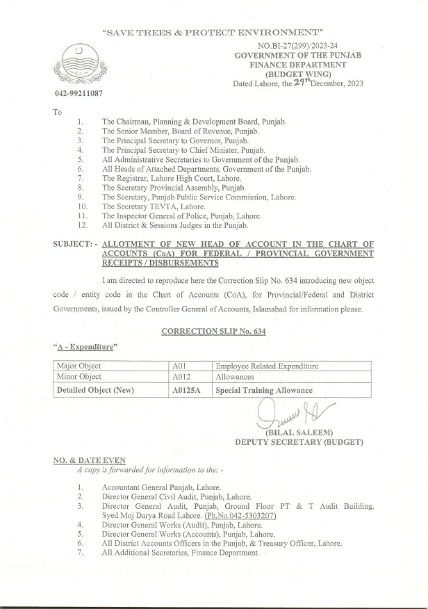 Special Training Allowance Allotment of New Head of Account