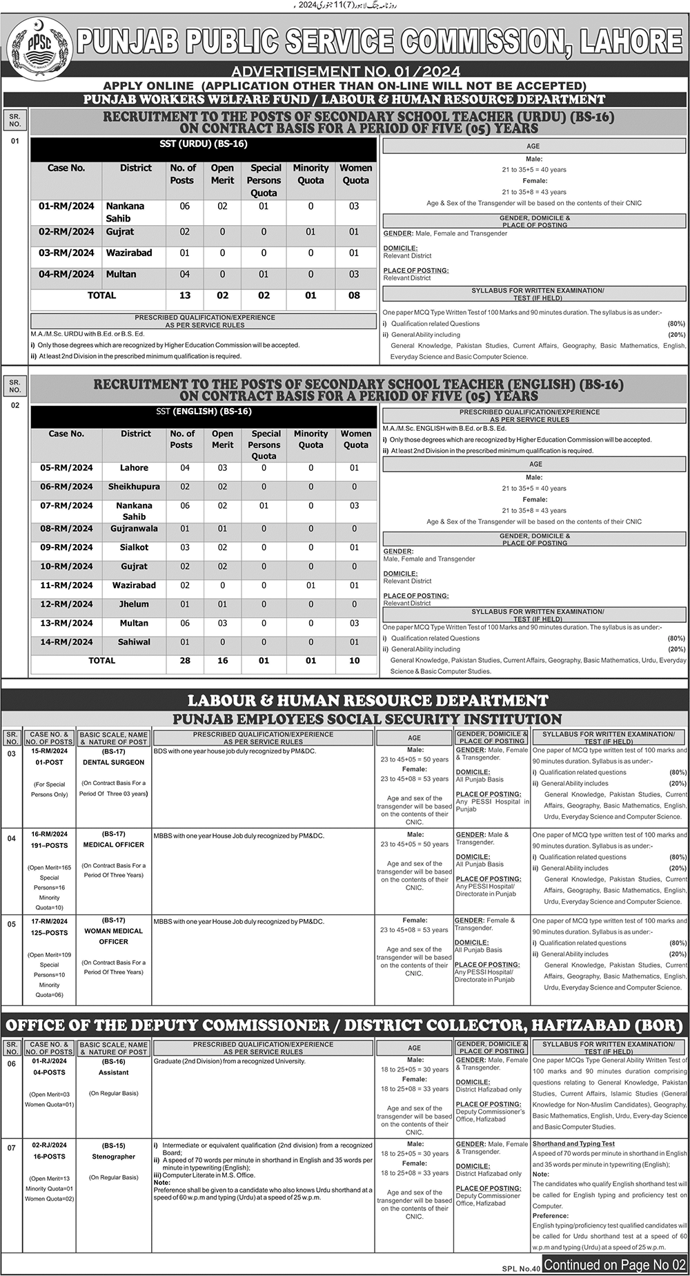 Teaching Vacancies Through PPSC Vacancies Ad No. 01 of 2024