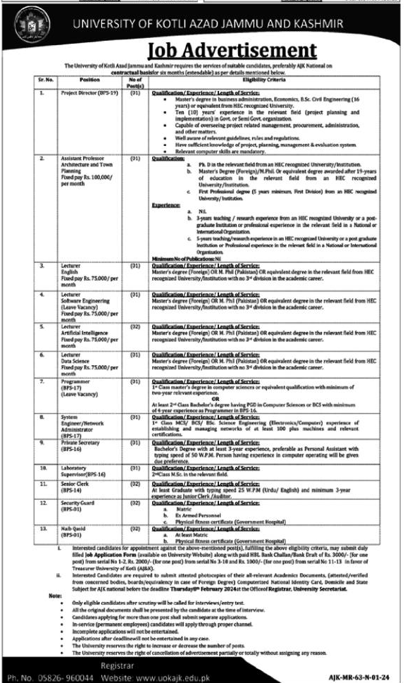 University of Kotli Azad Jammu and Kashmir Vacancies 2024