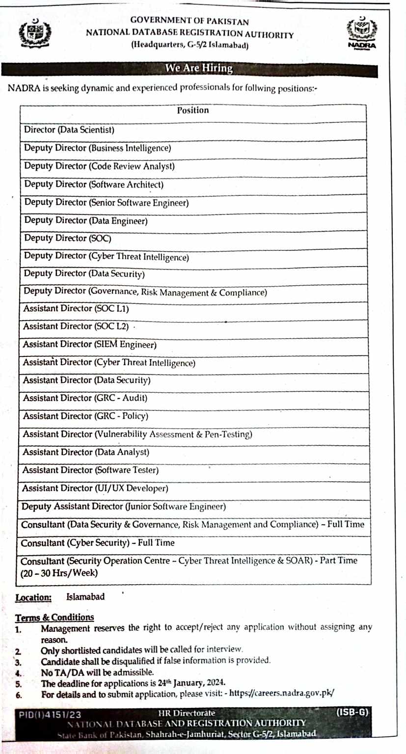 the latest NADRA Vacancies in Islamabad 2024