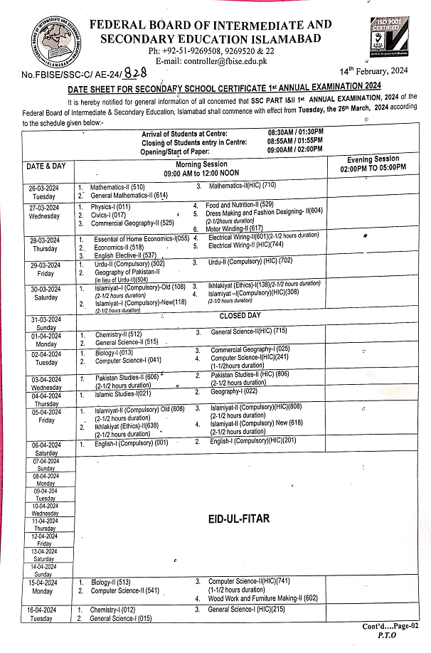 Date Sheet FBISE SSC 1st Annual Exams 2024