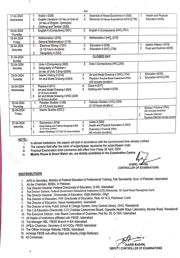 Federal Board Islamabad Date Sheet 2024