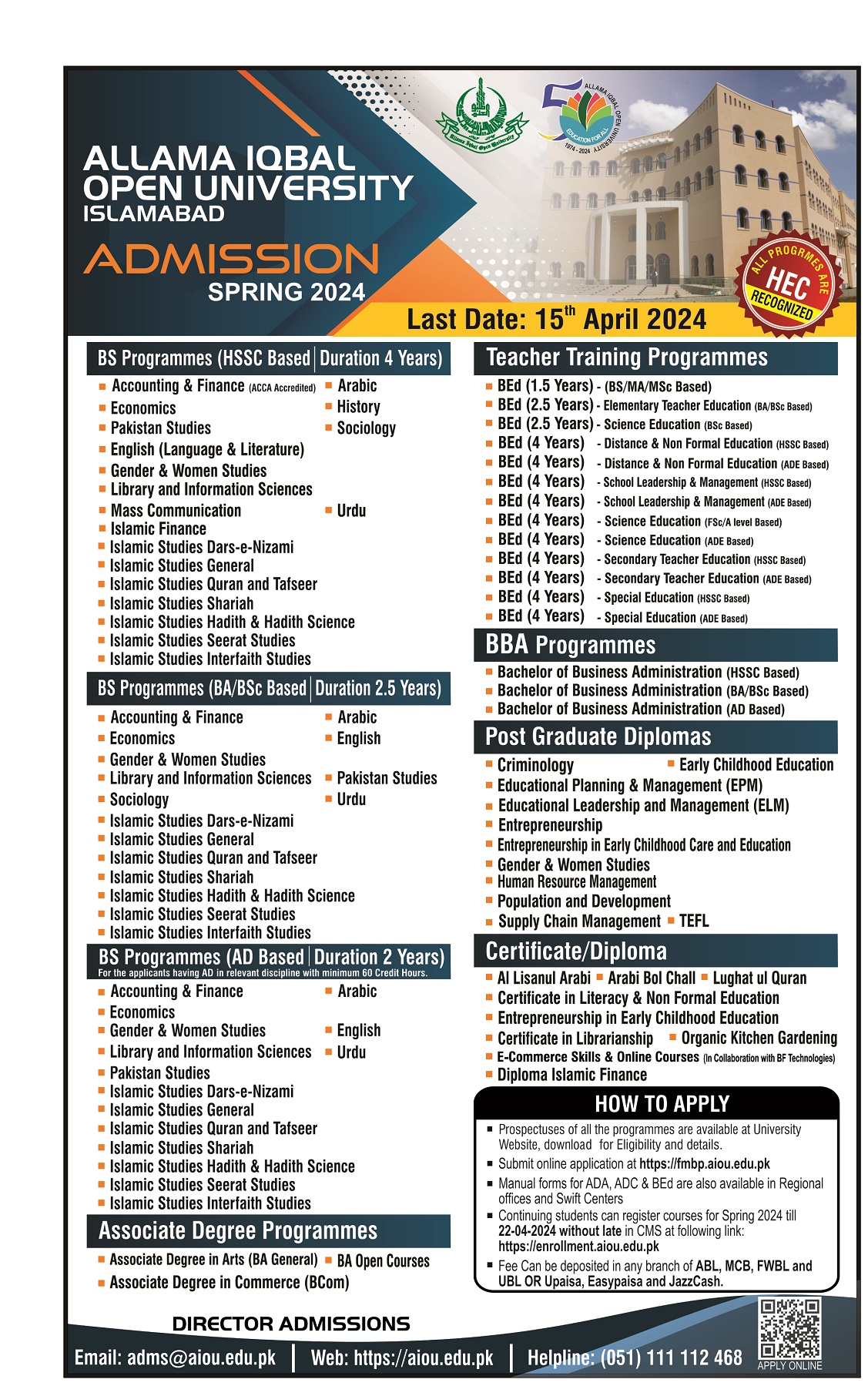 AIOU Islamabad Teachers Training Programs and BS Programs Spring 2024