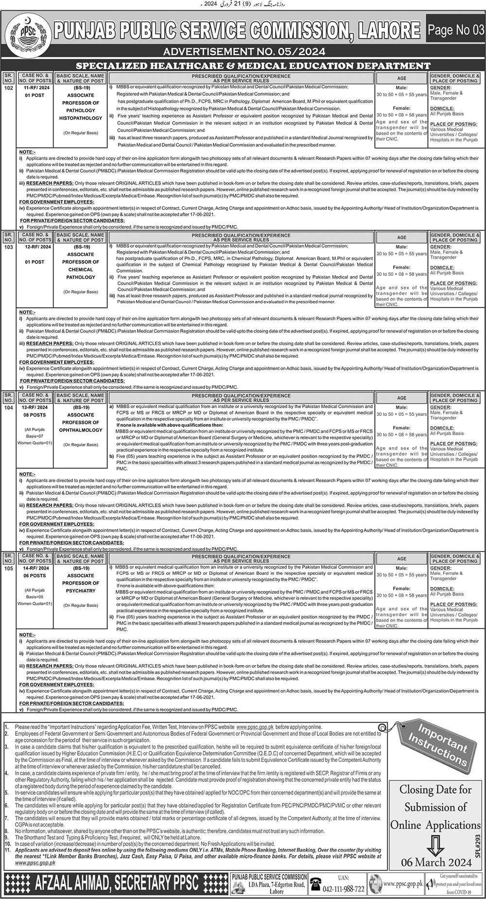 Health Department and Others Vacancies 2024 through PPSC