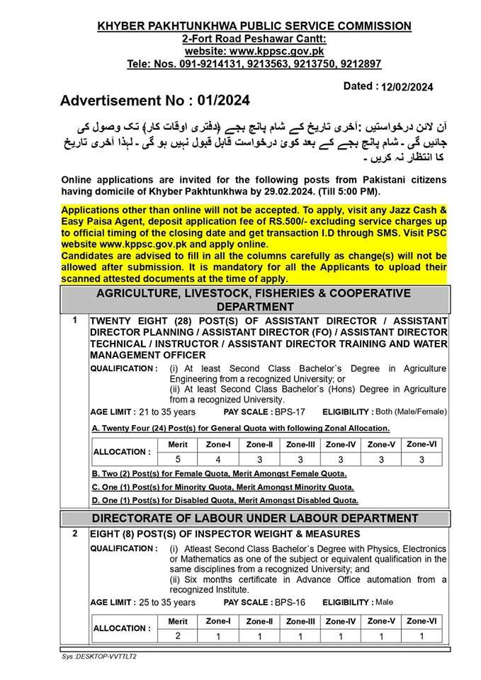 KPPSC Latest Vacancies 2024 Ad No. 01 of 2024