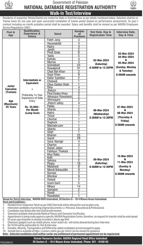 NADRA Vacancies 2024 Punjab Domicile Holders