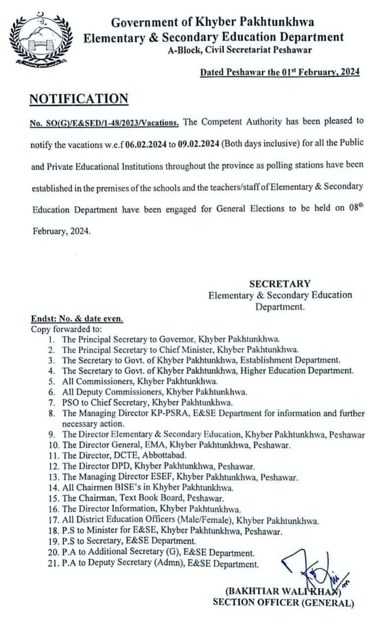 Notification Election Holidays 2024 KPK E&SED