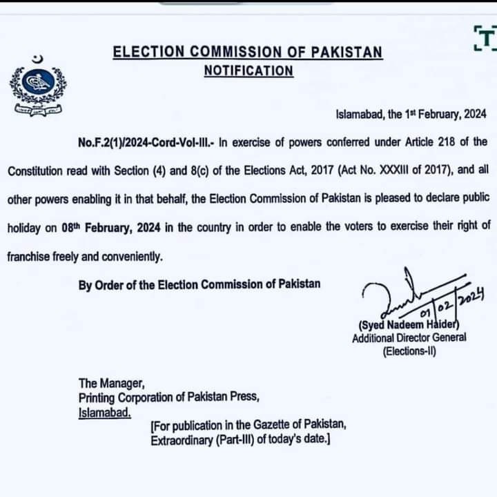 Notification of Election Public Holiday 2024 by ECP