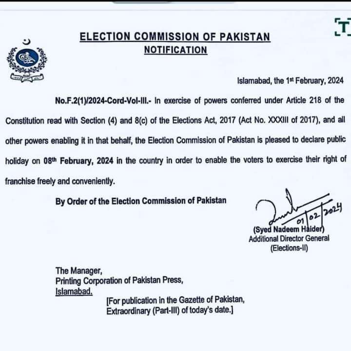Election Public Holiday 2024 by ECP (Notification) • Galaxy World