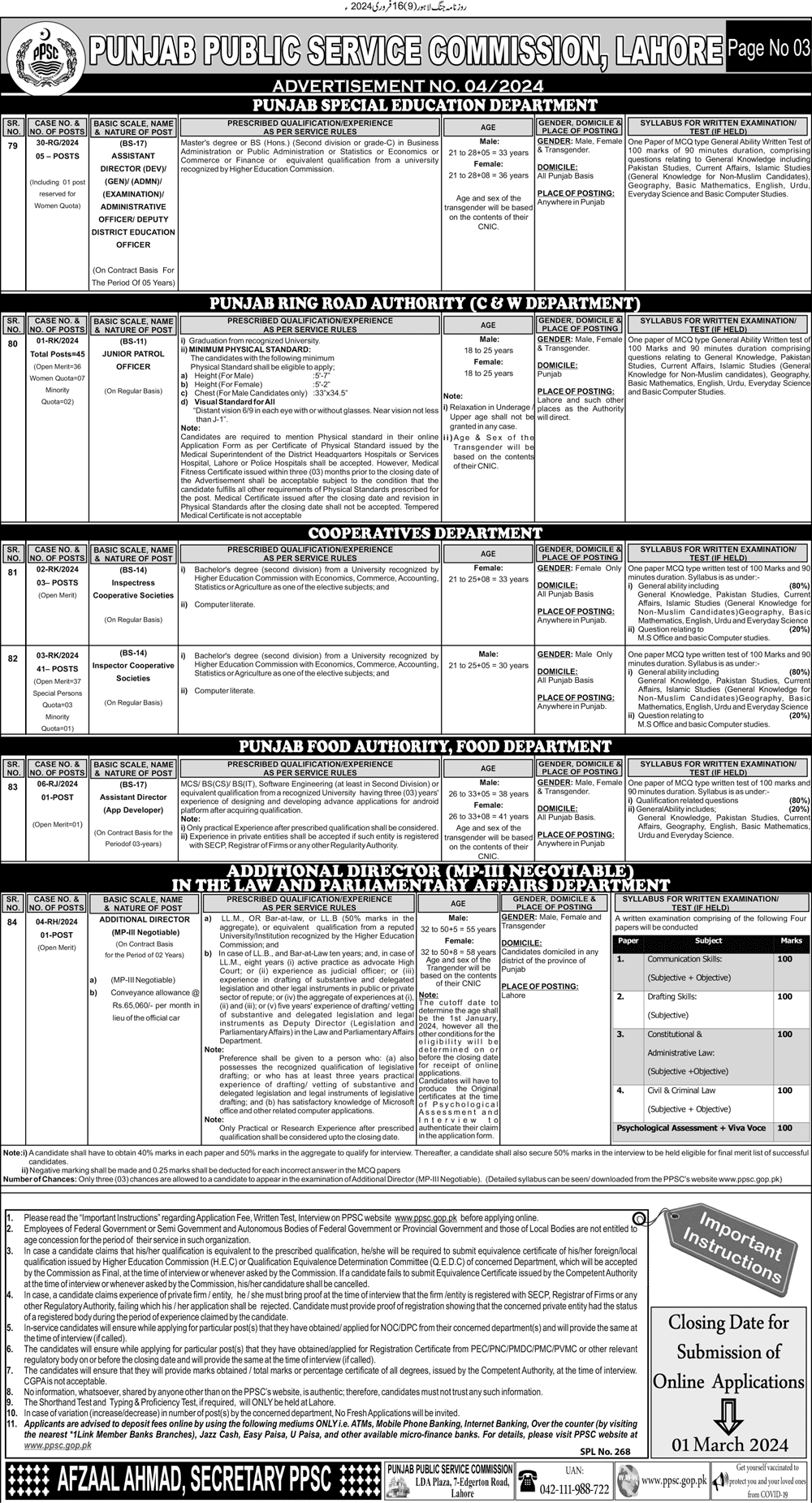 PPSC job Vacancies 2024 Ad No. 04 2024