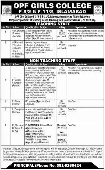 Teaching and Non-Teaching Vacancies in OPF Girls College Islamabad 2024