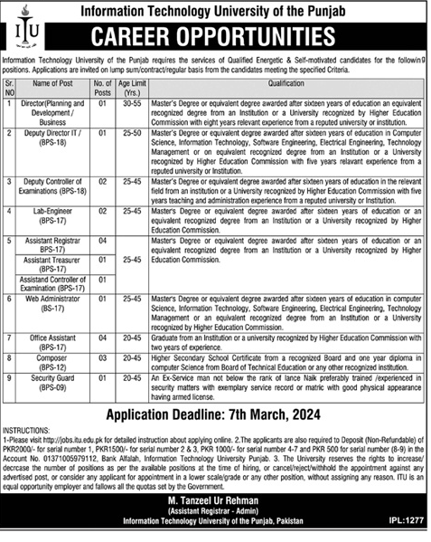 The Latest Job Vacancies in Information Technology University Punjab 2024