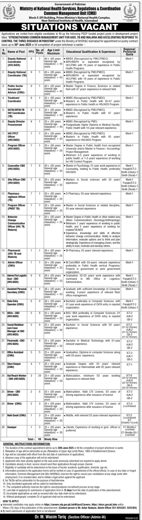 Vacancies in Ministry of National Health Services, Regulations & Coordination CMU 2024