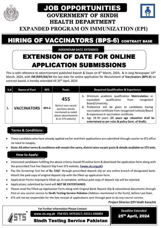 Vacancies of Vaccinators (BPS-06) in Health Department Sindh