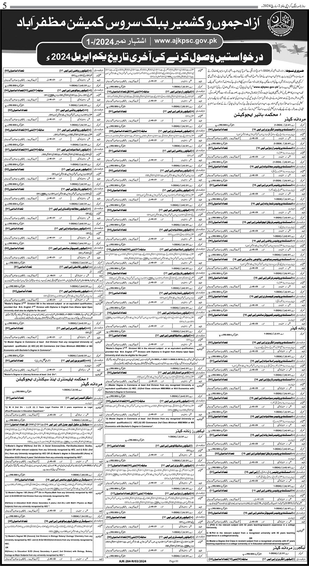 AJKPSC Teaching and NTS Vacancies Ad No. 01 for 2024