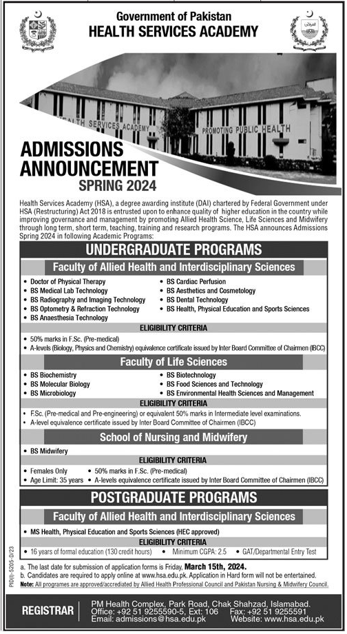 Admission Open Spring 2024 Health Services Academy (HSA)