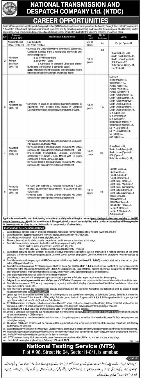 BPS-15 and BPS-16 the latest NTDC Vacancies 2024