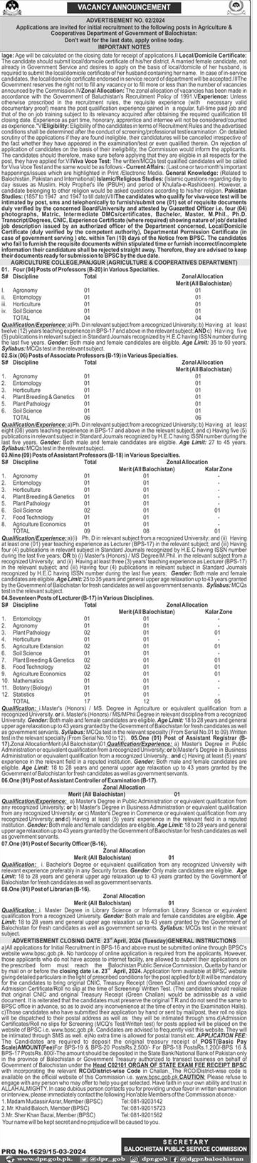 BPS-16 to BPS-20 BPSC Vacancies Ad No. 02 / 2024 