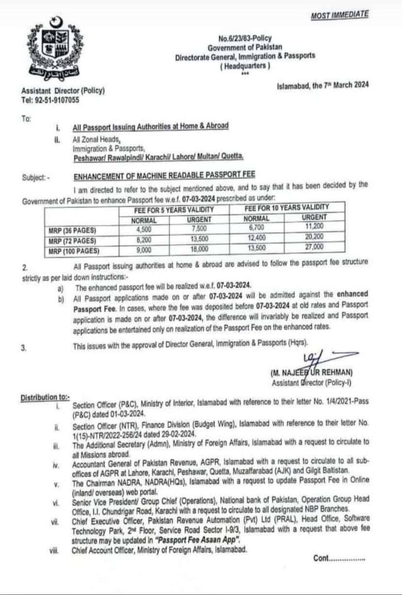 Enhancement of Machine Readable Passport Fee 2024