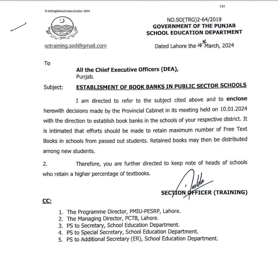 Establishment Book Banks in Public Sector Schools Punjab