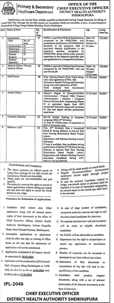 Lump sum Pay Package Vacancies in Health Department Punjab