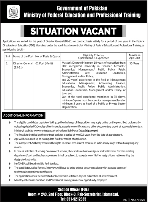 Ministry of Federal Education Director General (BPS-21) Vacancy 2024