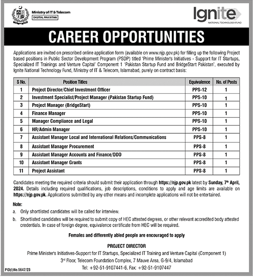 Ministry of IT and Telecom Ignite Vacancies 2024