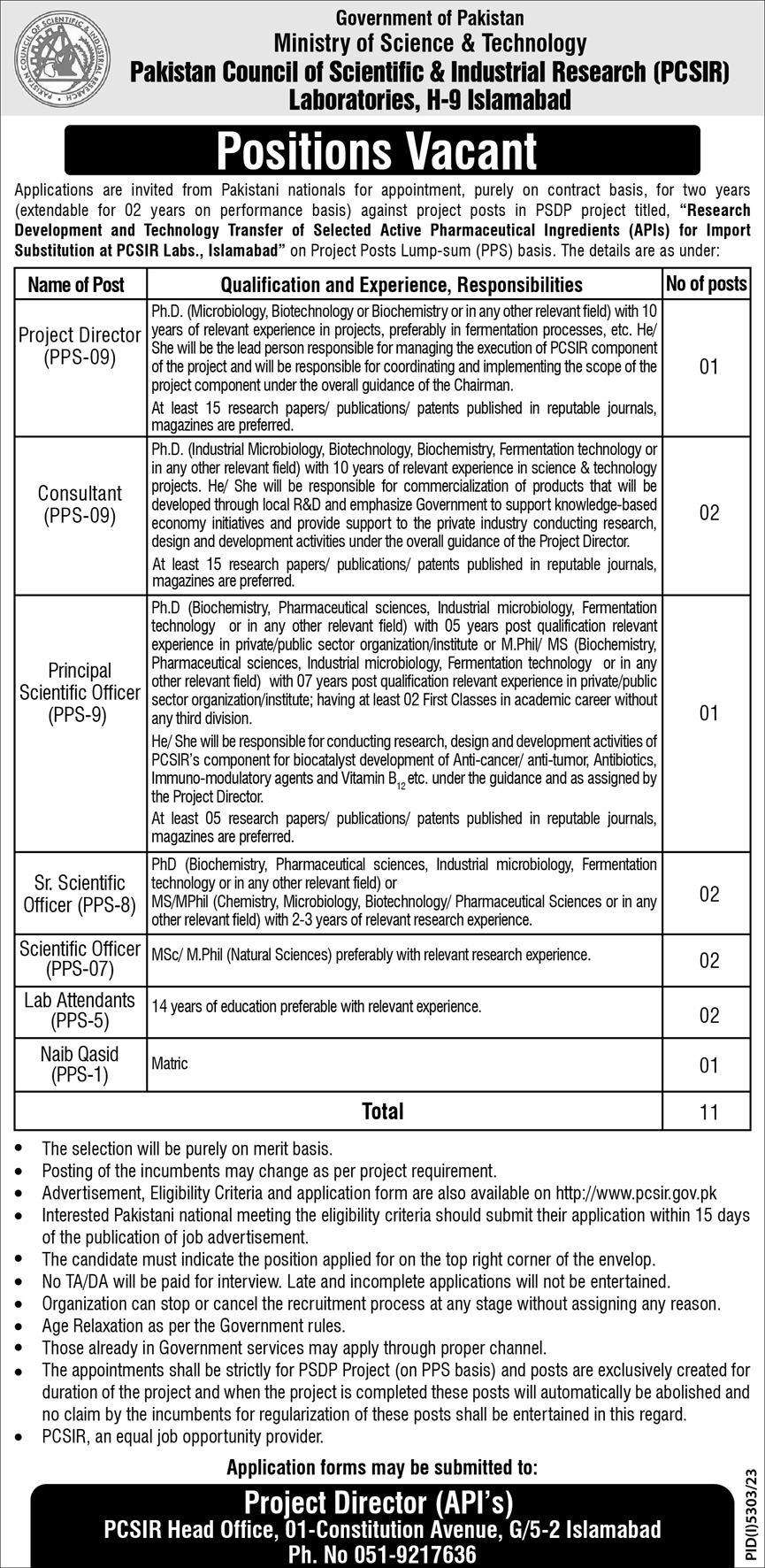 Ministry of Science & Technology Vacancies 2024 (PCSIR)