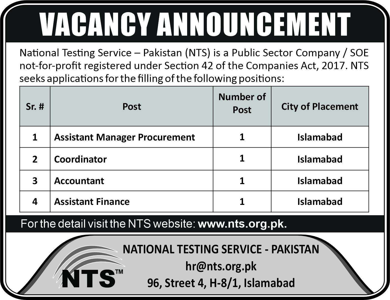 The Latest NTS Vacancies 2024 in Islamabad