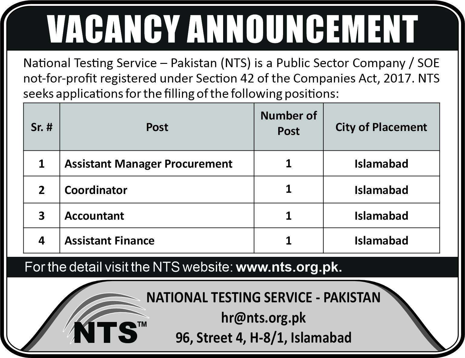 The Latest NTS Vacancies 2024 in Islamabad