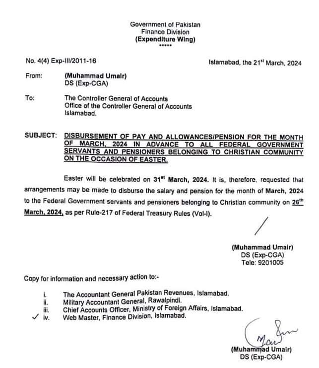 Notification Disbursement Advance Pay and Pension 0n 26-03-2024 Federal (Easter)