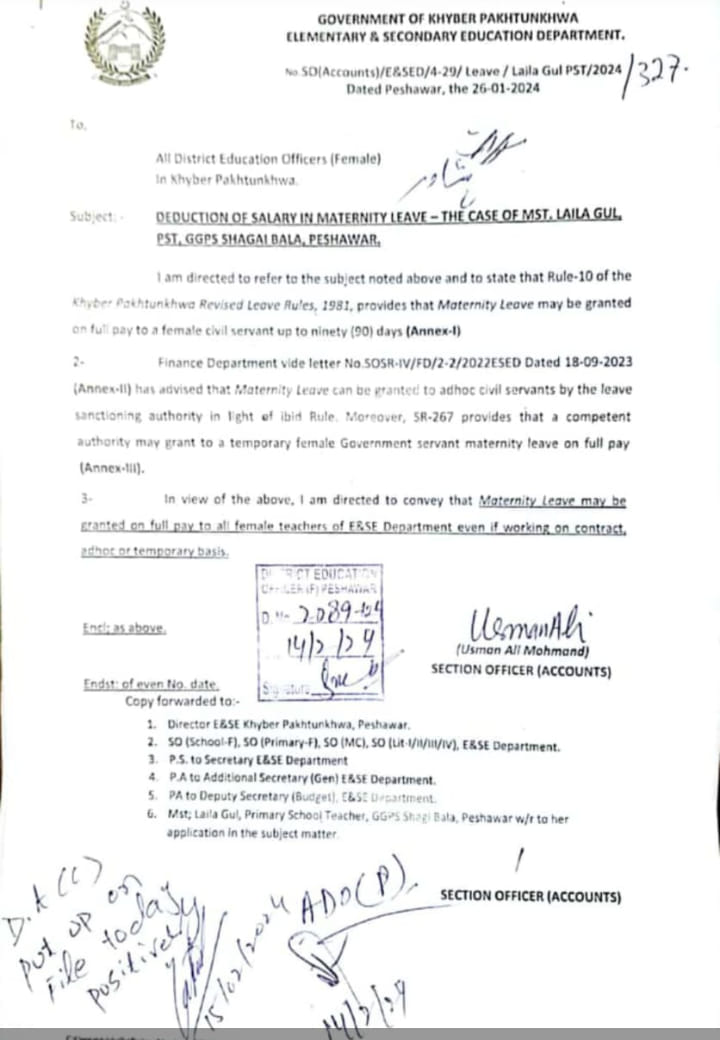 Notification Maternity Leave to Contract Employees Adhoc and Temporary Employees KPK