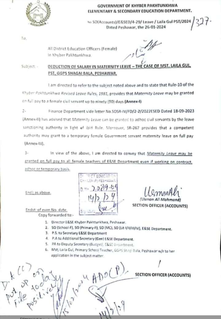 Notification Maternity Leave to Contract Employees Adhoc and Temporary Employees KPK