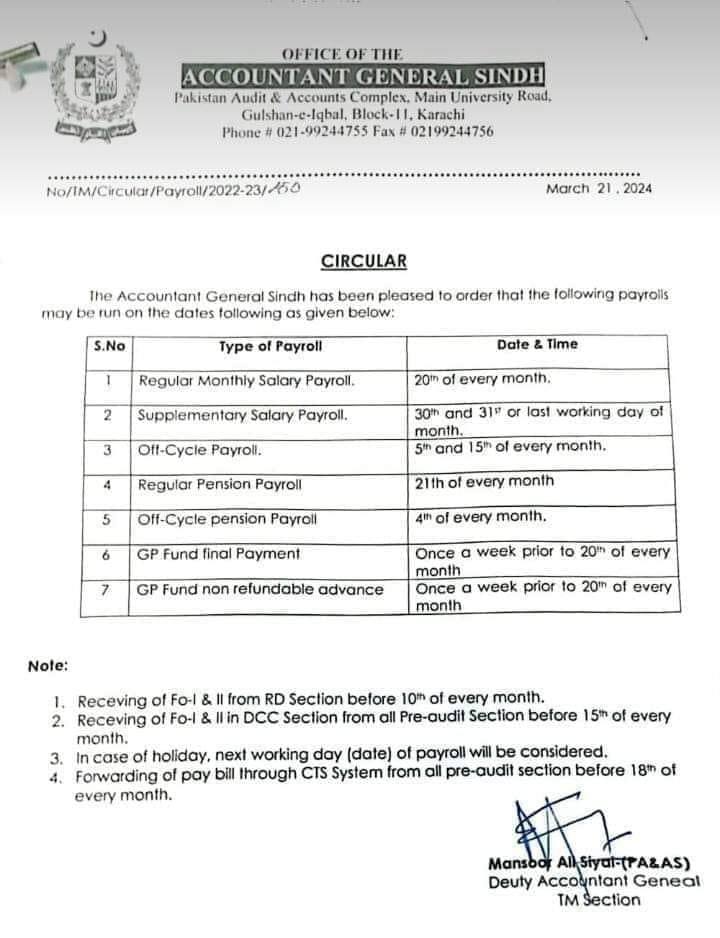 Notification Schedule of Payrolls for Salary, Pension and GP Fund Sindh