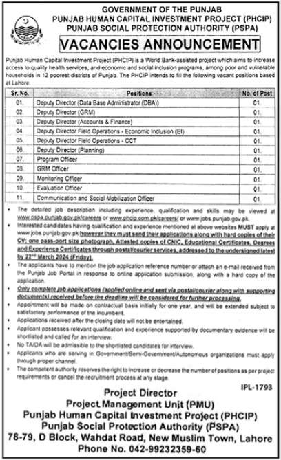 PHCIP Punjab Social Protection Authority Vacancies 2024