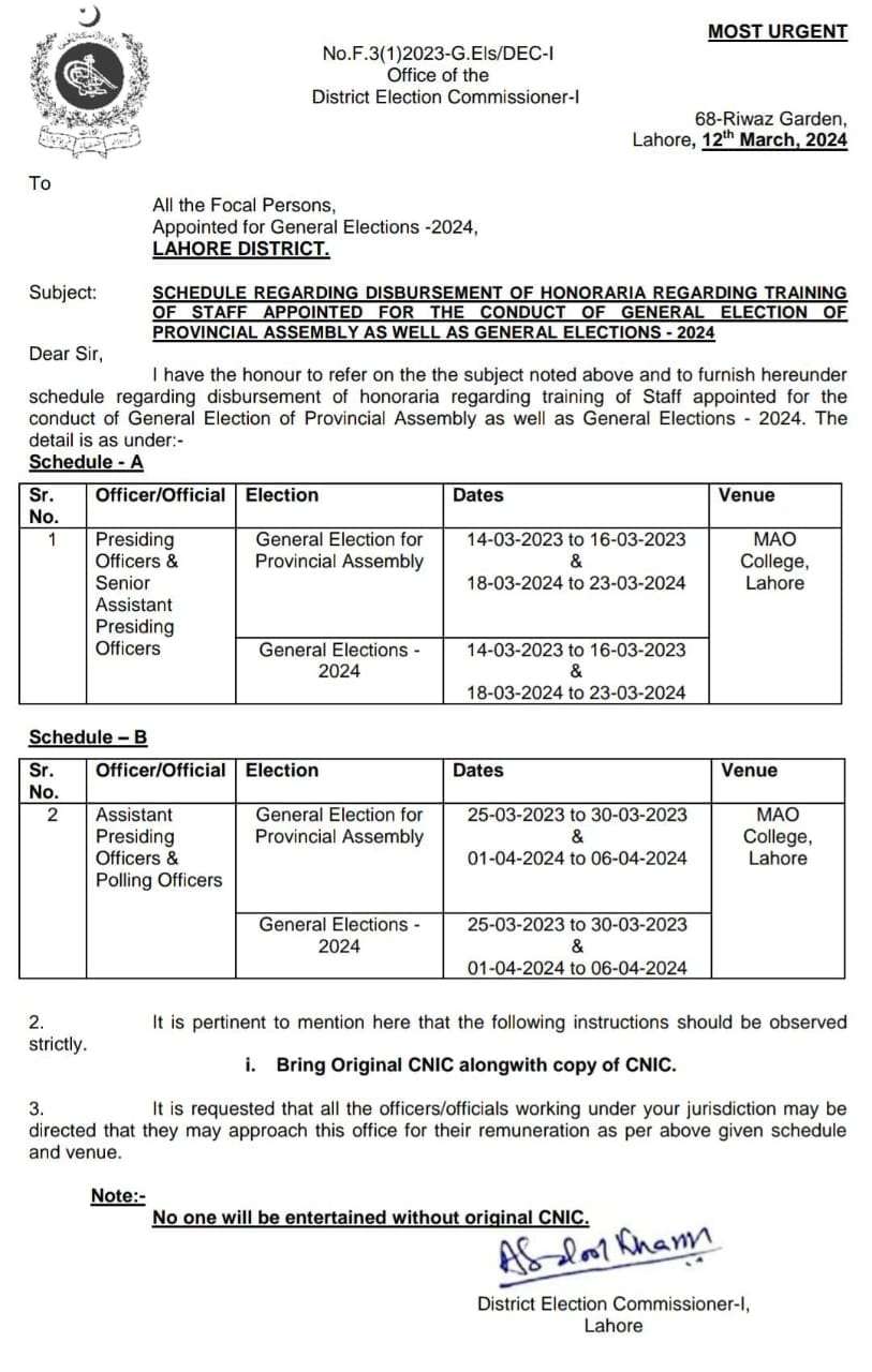 Payment Schedule to Presiding Officers, APO and PO Lahore District