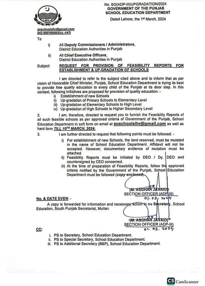 Provision of Feasibility Report for Establishment & Up-gradation of Schools in Punjab